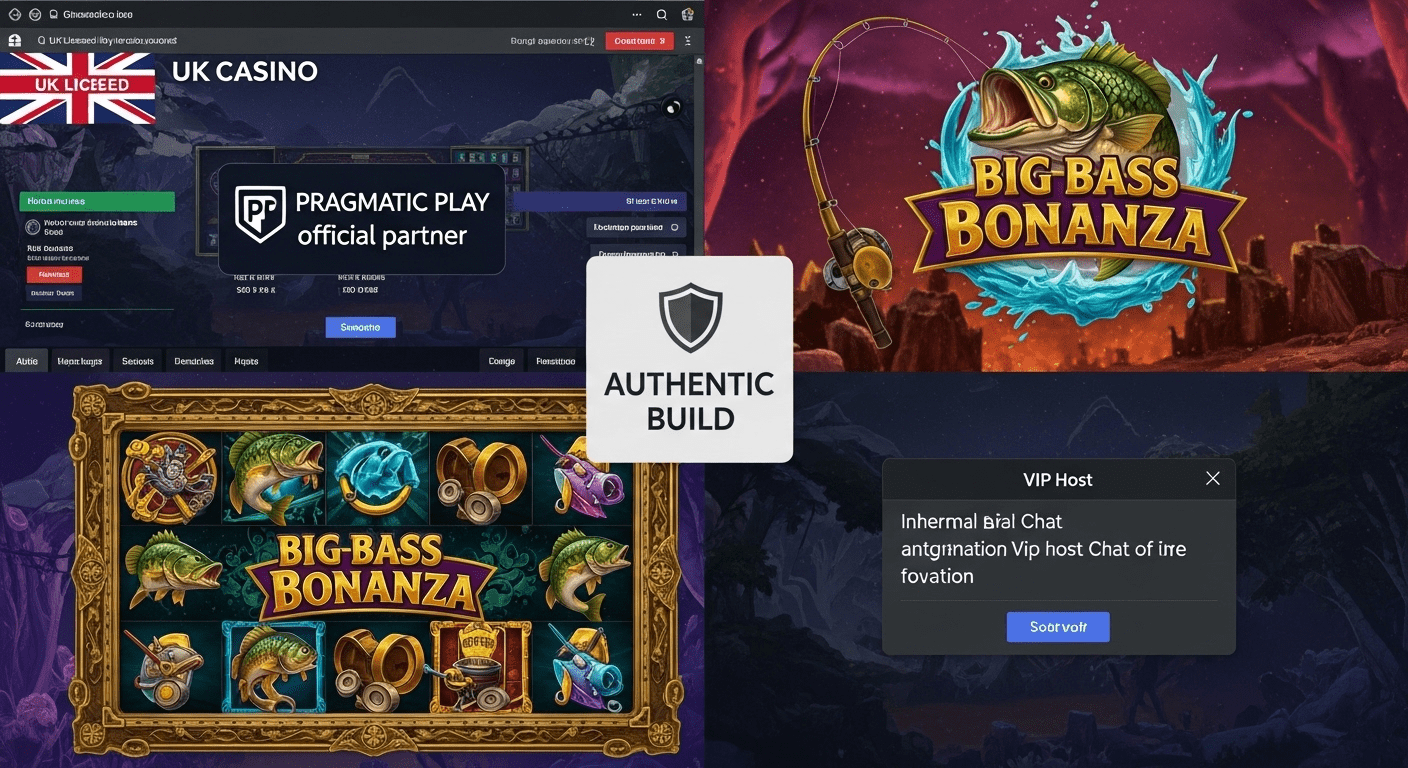 Screens showing a casino site with fish-slot reels and “Authentic Build” badge.